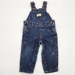 OshKosh B'Gosh Vestbak Denim Overalls with Embroidered Pink Hearts Size 9 Mo.